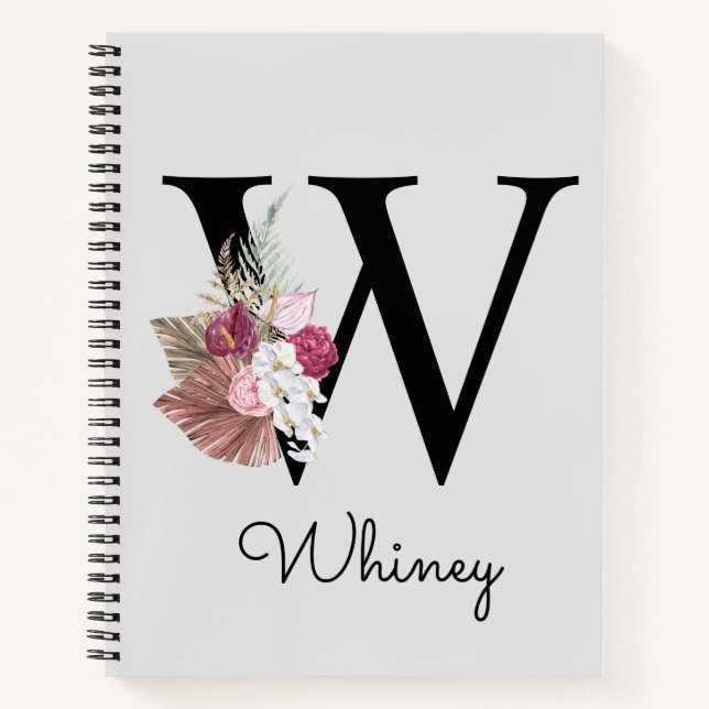 Monogrammed Pink Floral Initial W Notebook (Front)