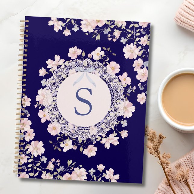 Monogrammed Pink Flowers and Lace Floral Planner (In situ)