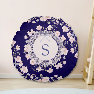 Monogrammed Pink Flowers and Lace Floral Round Pillow