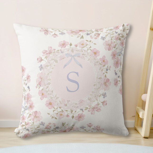 Monogrammed Pink Flowers and Lace Floral Throw Pillow (In situ)