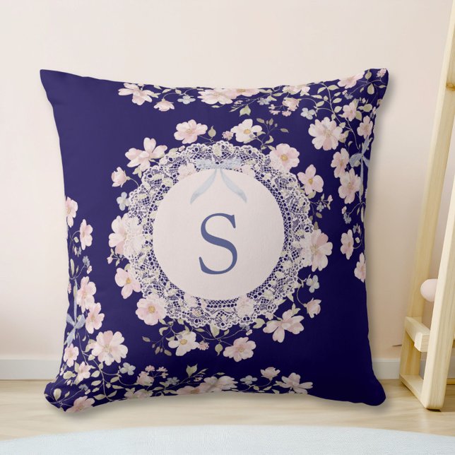 Monogrammed Pink Flowers and Lace Floral Throw Pillow (In situ)