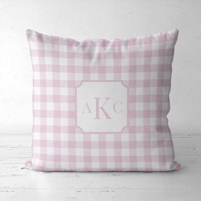 Monogrammed Pink Gingham Check  Throw Pillow (Pink Gingham Check Monogram Pillow)