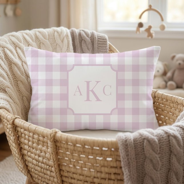Monogrammed Pink Gingham Check  Throw Pillow (Pink Gingham Check Monogram Pillow)