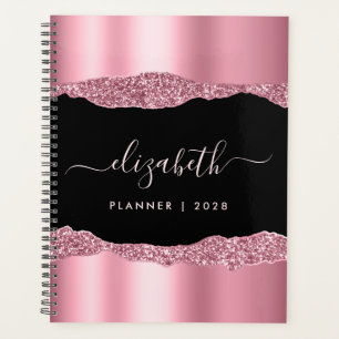 Monogrammed Pink Glitter Foil Black Planner
