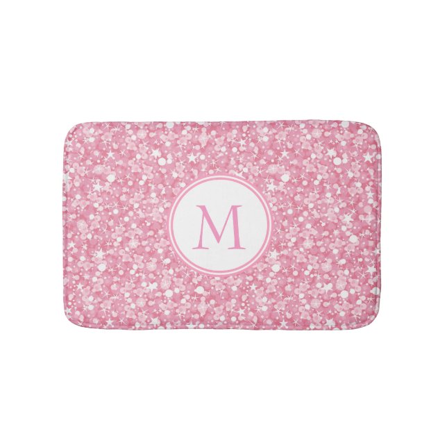 Monogrammed Pink Glitter White Circle Bath Mat (Front)