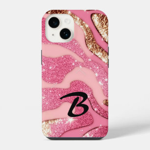 Monogrammed Pink Gold Agate Animal Glitter iPhone 14 Case