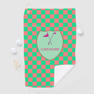 Monogrammed Pink Green Checks & golf club & flag G Golf Towel