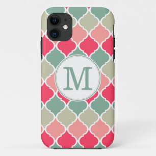 Monogrammed Pink Green Moroccan Lattice Pattern iPhone 11 Case
