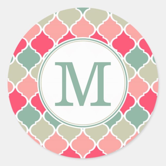 Monogrammed Pink Green Moroccan Lattice Pattern Classic Round Sticker (Front)