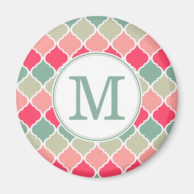 Monogrammed Pink Green Moroccan Lattice Pattern Magnet (Front)