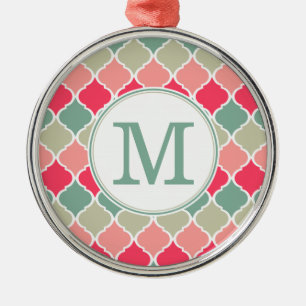 Monogrammed Pink Green Moroccan Lattice Pattern Metal Ornament