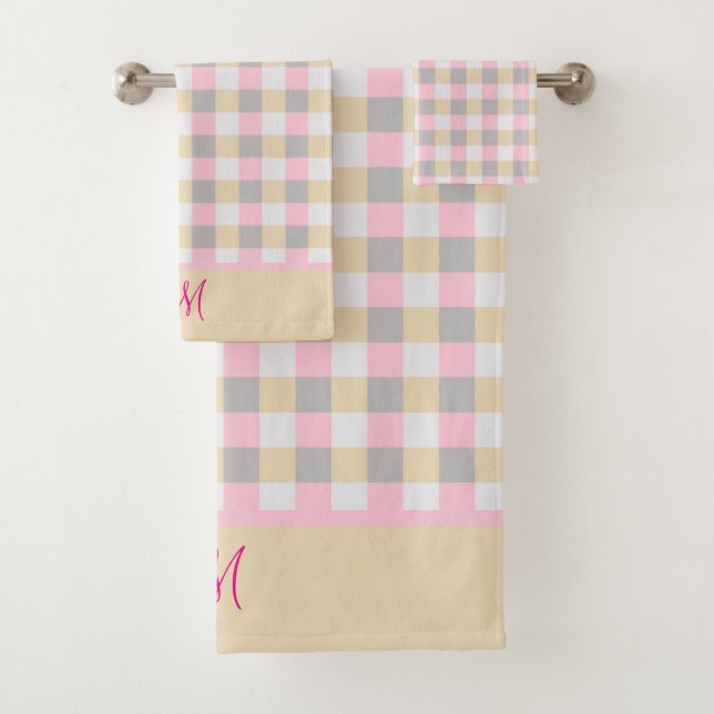 Monogrammed Pink Grey And Yellow Plaid  Bath Towel Set (Insitu)