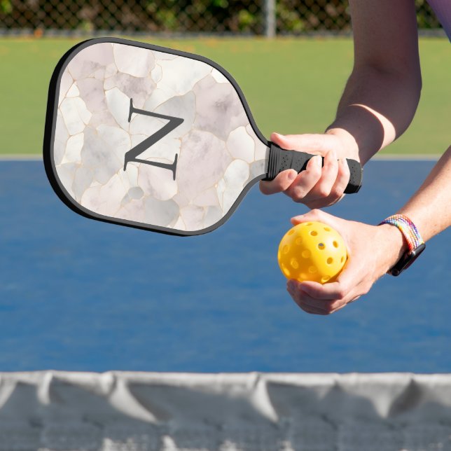 Monogrammed Pink Grey White Gold Marble Pickleball Paddle (Insitu)