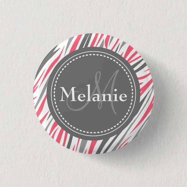 Monogrammed Pink & Grey Zebra Pattern 1 Inch Round Button (Front)