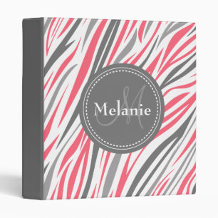 Monogrammed Pink & Grey Zebra Pattern Binder
