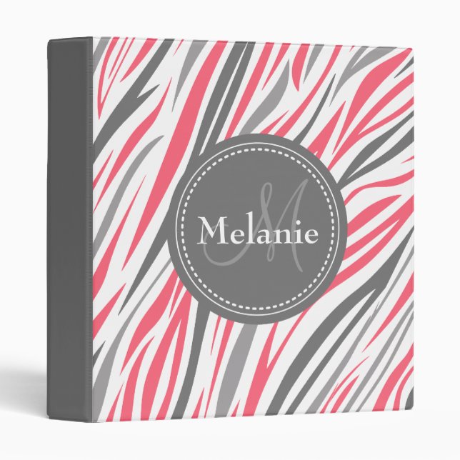 Monogrammed Pink & Grey Zebra Pattern Binder (Front/Spine)
