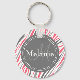 Monogrammed Pink & Grey Zebra Pattern Keychain
