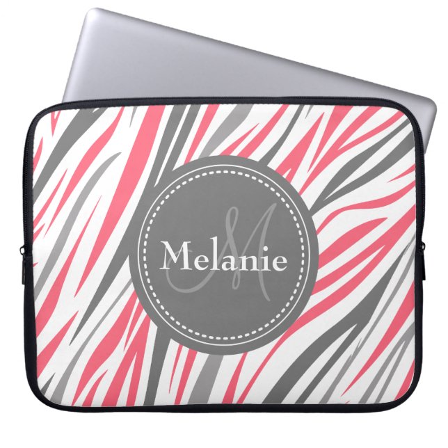 Monogrammed Pink & Grey Zebra Pattern Laptop Sleeve (Front)