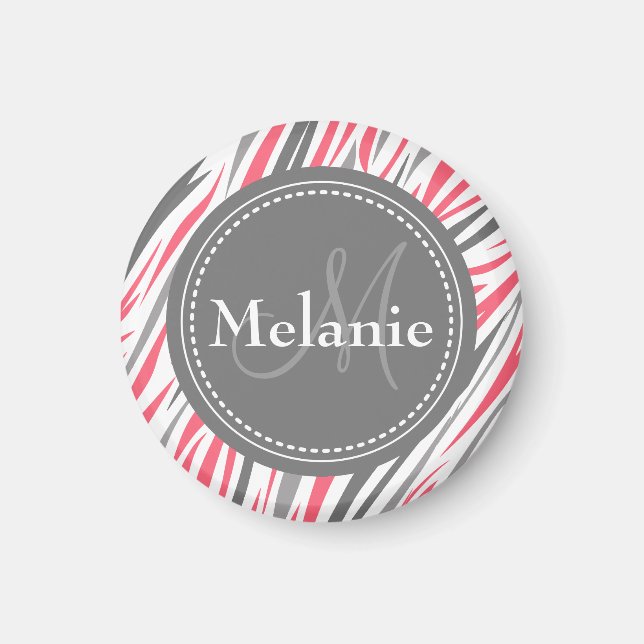 Monogrammed Pink & Grey Zebra Pattern Magnet (Front)