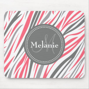 Monogrammed Pink & Grey Zebra Pattern Mouse Pad