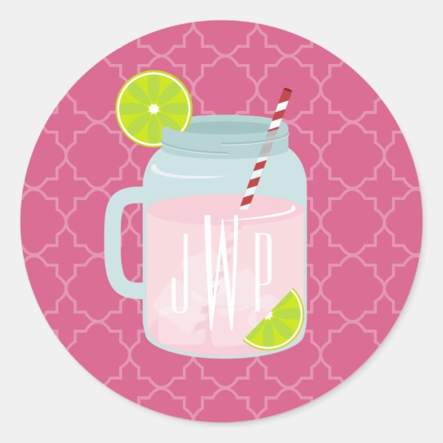 Monogrammed Pink Lemonade Berry Quatrefoil Classic Round Sticker (Front)