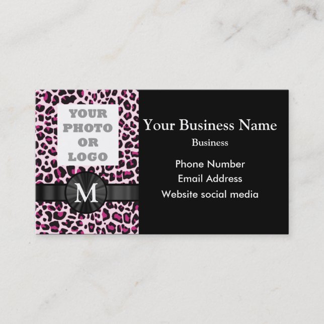 Monogrammed pink leopard print pattern business card (Front)