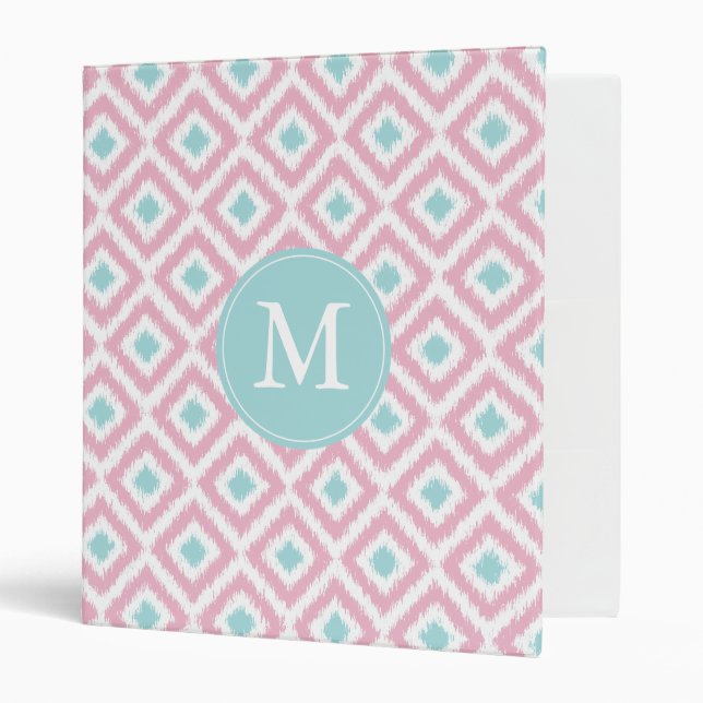 Monogrammed Pink Mint Diamond Ikat Pattern Binder (Front/Inside)