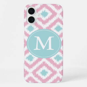 Monogrammed Pink Mint Diamond Ikat Pattern iPhone 16 Plus Case