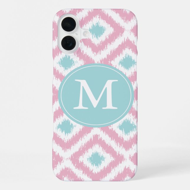 Monogrammed Pink Mint Diamond Ikat Pattern iPhone Case (Back)