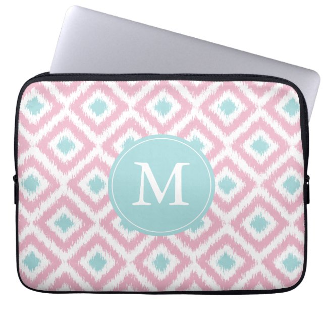 Monogrammed Pink Mint Diamond Ikat Pattern Laptop Sleeve (Front)