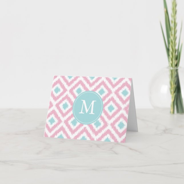 Monogrammed Pink Mint Diamonds Ikat Pattern Note Card (Front)