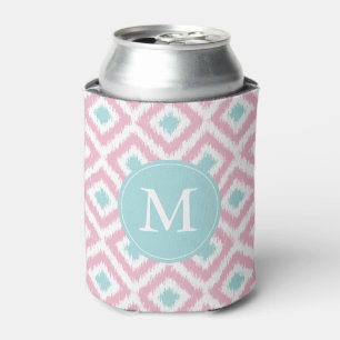 Monogrammed Pink Mint Ikat Diamonds Pattern Can Cooler