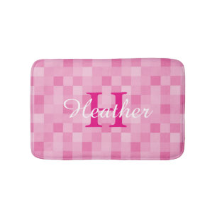 Monogrammed pink mosaic tile pattern bath mat