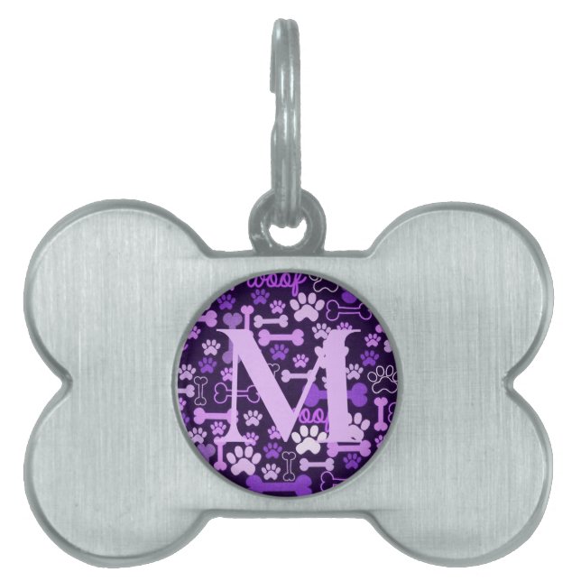 Monogrammed Pink Paw Prints & Bones Pet ID Tag (Front)