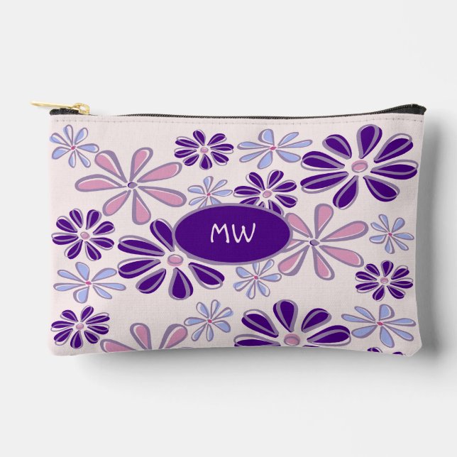 Monogrammed Pink Purple Flower Doodle Pattern Accessory Pouch (Front)