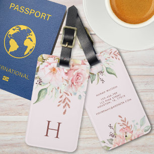 Monogrammed Pink Rose and Peony Floral Bouquet Luggage Tag