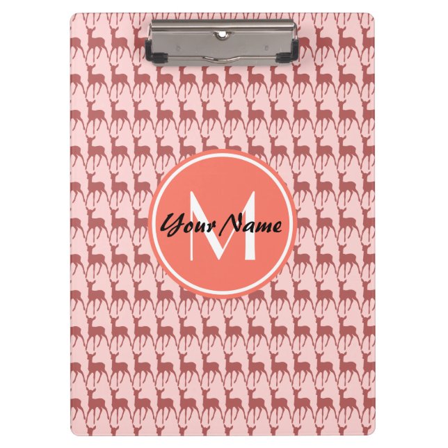 Monogrammed Pink Salmon Deer, Personalized Name Clipboard (Front)
