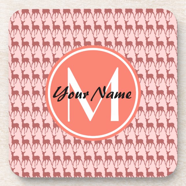 Monogrammed Pink Salmon Deer, Personalized Name Coaster (Front)