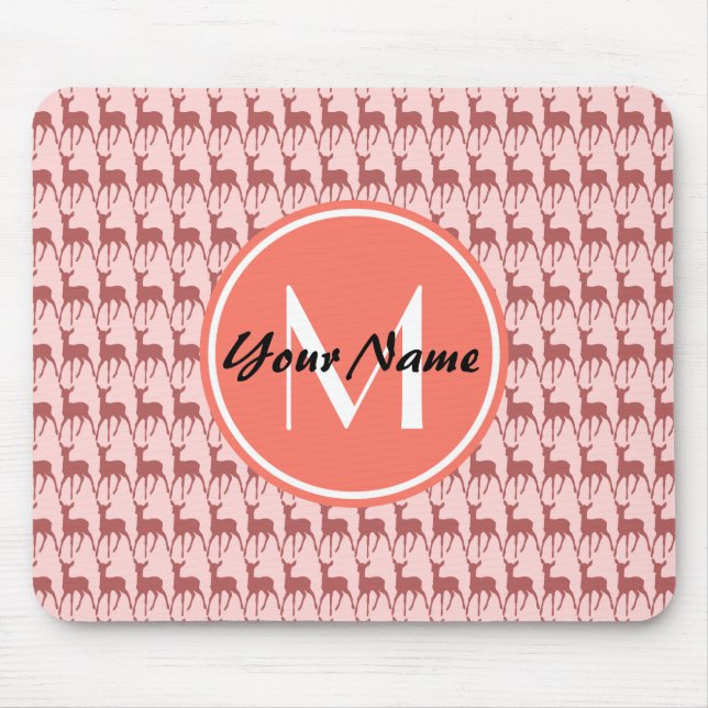 Monogrammed Pink Salmon Deer, Personalized Name Mouse Pad (Front)