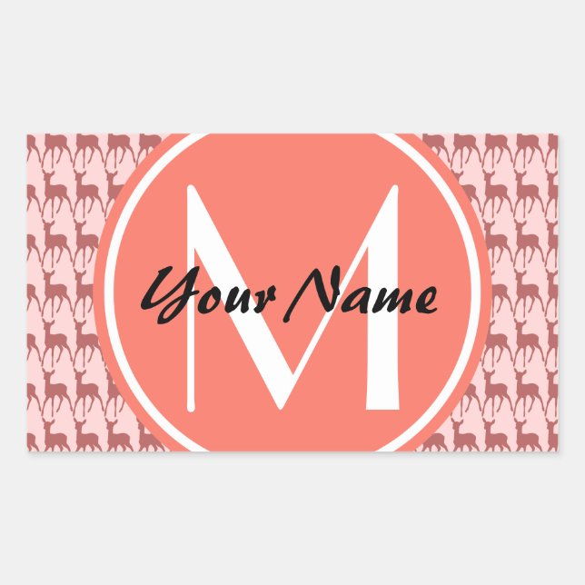 Monogrammed Pink Salmon Deer, Personalized Name Sticker (Front)