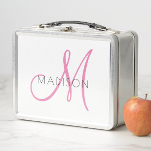 Monogrammed Pink Script Girl's Metal Lunch Box