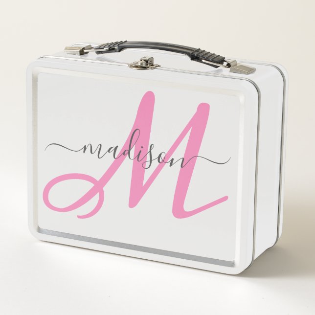 Monogrammed Pink Script Girl's Metal Lunch Box (Front)