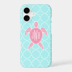Monogrammed Pink Sea Turtle + Blue Quatrefoil