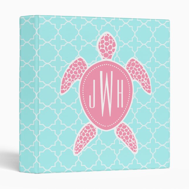 Monogrammed Pink Sea Turtle + Blue Quatrefoil Binder (Front/Spine)