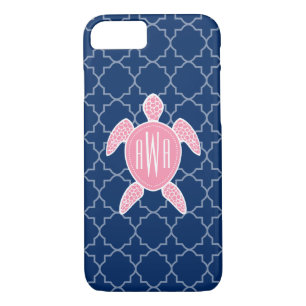 Monogrammed Pink Sea Turtle Blue Quatrefoil iPhone 8/7 Case