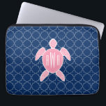 Monogrammed Pink Sea Turtle Blue Quatrefoil Laptop Sleeve<br><div class="desc">A gift featuring an illustration of a pink sea turtle.  Personalize with your monogram on turtle's shell.  Background is navy blue quatrefoil pattern.</div>