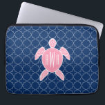 Monogrammed Pink Sea Turtle Blue Quatrefoil Laptop Sleeve<br><div class="desc">A gift featuring an illustration of a pink sea turtle.  Personalize with your monogram on turtle's shell.  Background is navy blue quatrefoil pattern.</div>