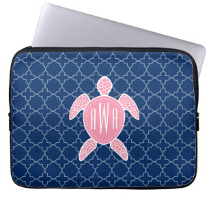 Monogrammed Pink Sea Turtle Blue Quatrefoil Laptop Sleeve