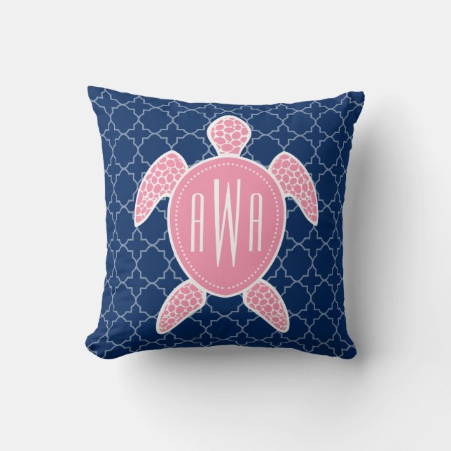 Monogrammed Pink Sea Turtle Blue Quatrefoil Throw Pillow (Front)