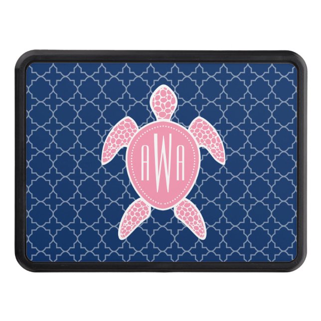 Monogrammed Pink Sea Turtle Blue Quatrefoil Trailer Hitch Cover (Front)